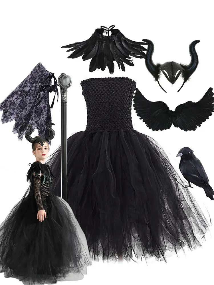 Schwarzes Tutu-Kleid für Mädchen im Bösewicht-Stil, 4-teiliges Set mit Horn-Haarreif, Federkragen und Spitzenärmeln, Kinder-Halloween-Maleficent-Hexen-Cosplay-Kostüm