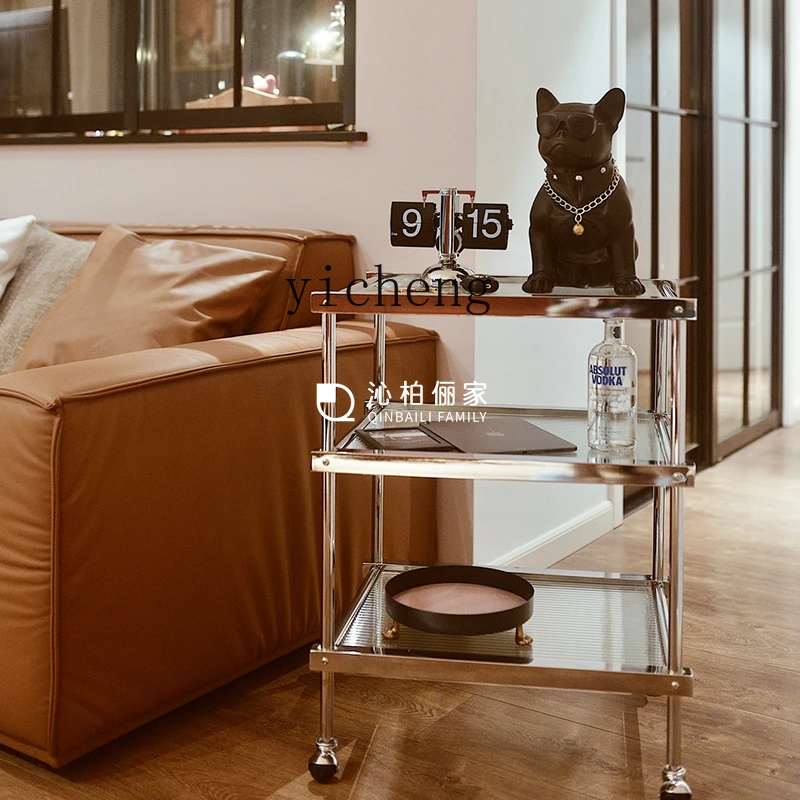 

XL Living Room Small Coffee Table Stainless Steel Glass Trolley Storage Rack Side Table Small Apartment Snack Cart