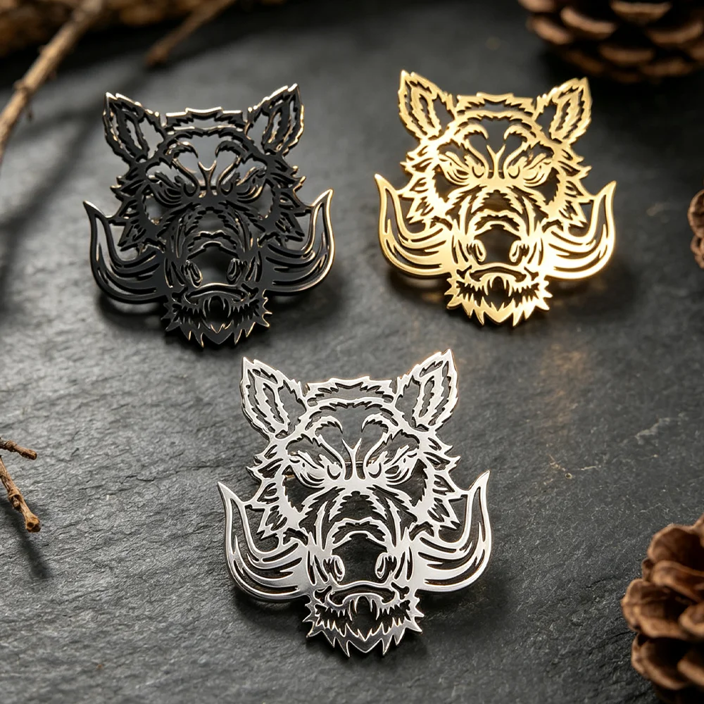 Stainless Steel Wild Boar Head Brooch Animal Lapel Pin Hollow‑cut Badge Men Suit Jacket Backpack Clothing Decor Accessory Gift