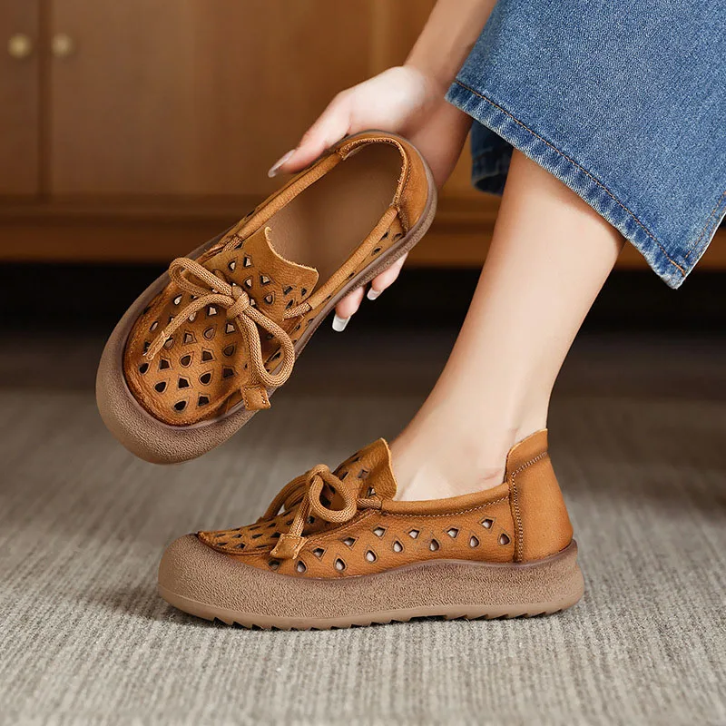 

Summer New Women Shoe Retro Leather Hollow Out Casual Shoes for Woman Comfort Walking Shoes Fashion Designer Shoes Zapatos Mujer