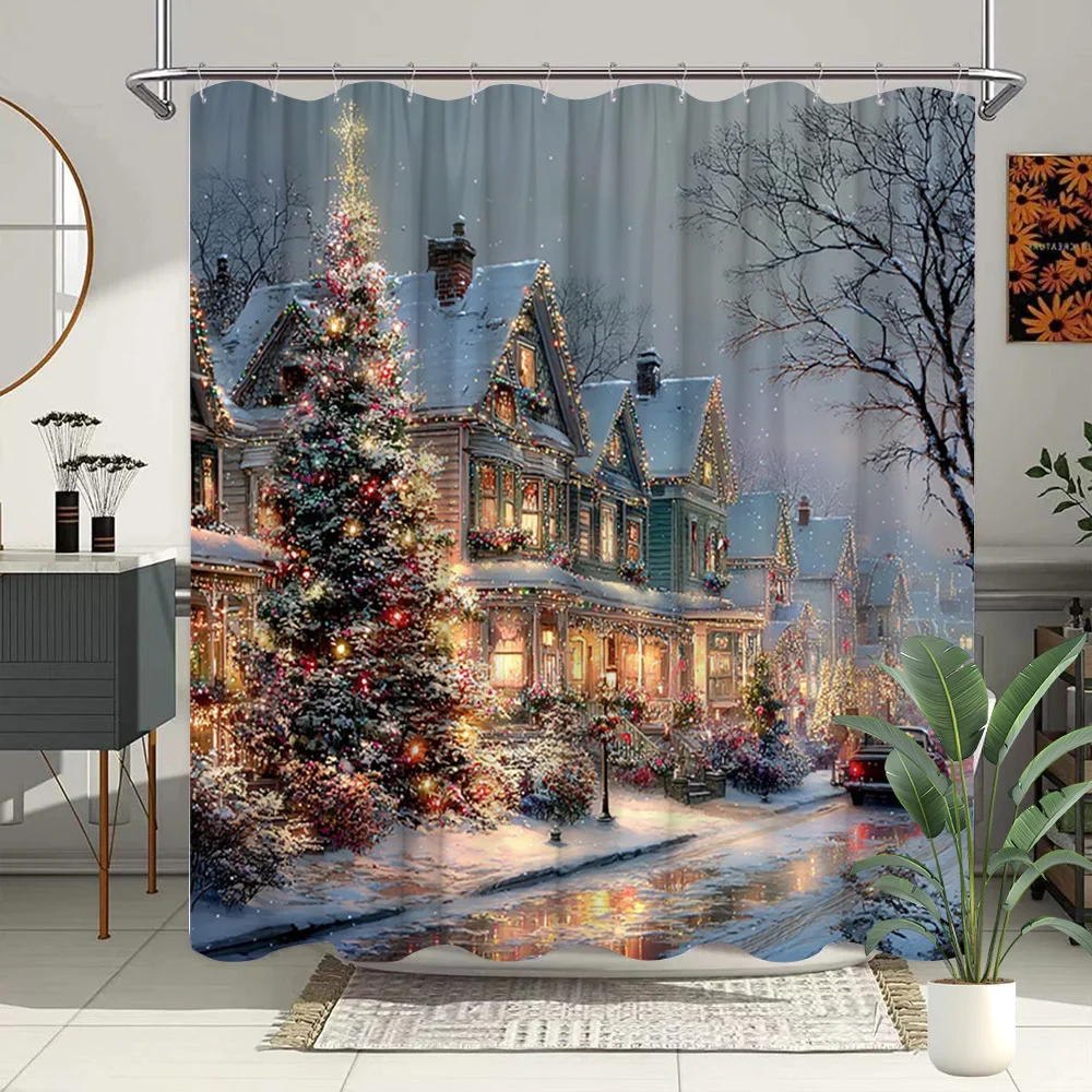 1pc 2D Flat Christmas Shower Curtain, Snowy Village with Color Lights & Christmas Tree, With Hooks, Winter Bathroom Decor