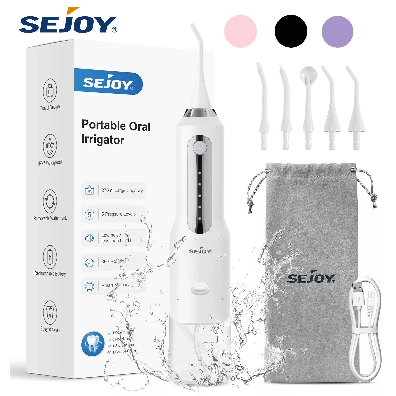 Sejoy Water Flosser Teeth Cleaner, Rechargeable Waterproof Portable Cordless Dental Oral Irrigator, Water flossers for Teeth