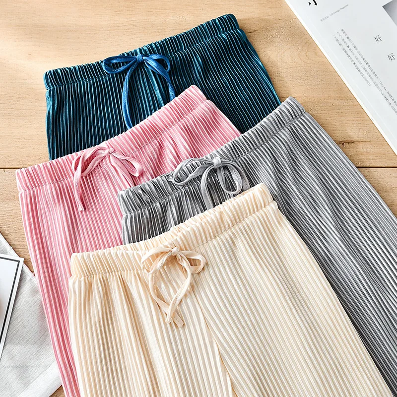 2025 New Girls' Pleated Wide-Leg Pants, Chiffon Ice Silk 9/10 Trousers, Loose Casual & Stylish Summer Wear，For Daily Wear.