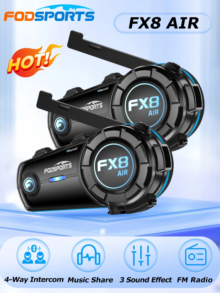 Fodsports-Oreillette Bluetooth FX8 pour moto, appareil de communication pour casque, intercom pour 4 motocyclistes, kit de sauna, portée 1000m, partage de musique, FM, étanche