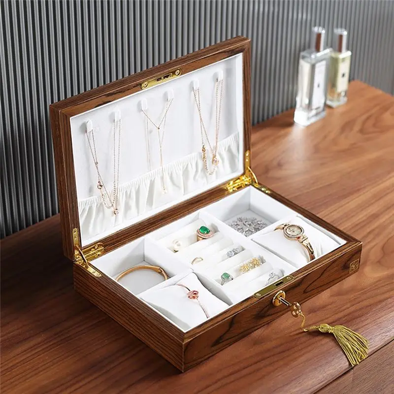 Wooden Flip Jewelry Organizer Box Jewelry Storage Gift Display Case Watch Earrings Ring Holder Jewellery Storage A-A44I