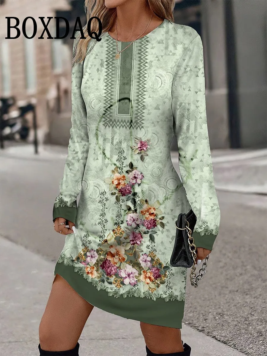 Women'S Casual Dresses 3D Printed Dresses New Spring Flower Loose O-Neck Mini Dress Basic Outdoor Daily Long Sleeve Clothes 2025