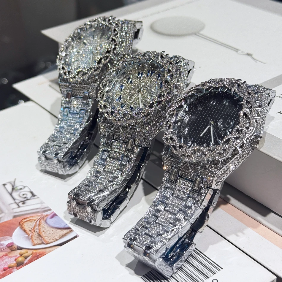 PINTIME ساعة سوداء رائعة للرجال الفاخرة شوكة تاج ساعات كوارتز موضة الهيب هوب مثلج الماس ساعة اليد رجل دروبشيبينغ