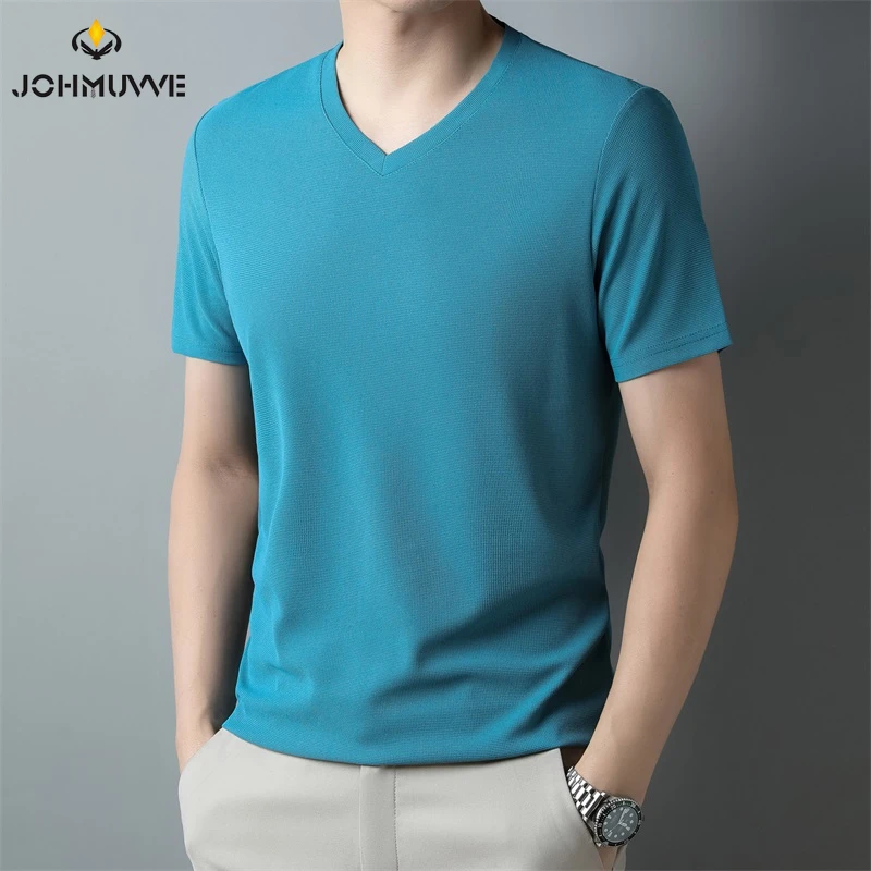 2024 Men\'s New Waffle V Neck Short Sleeved T-shirt Summer Comfortable Top