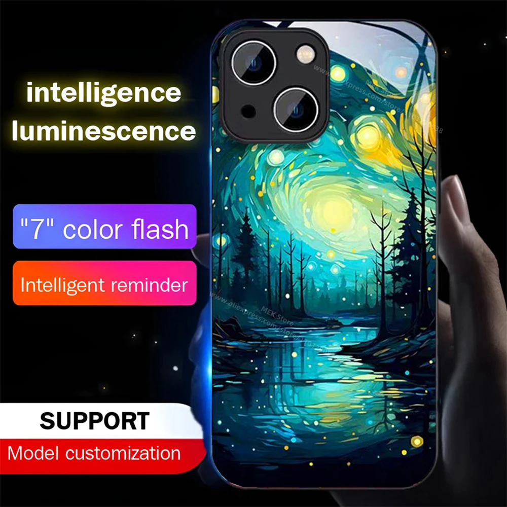 

Pretty Landscape Painting LED Light Up Phone Case Glowing Back Cover For iPhone Air 17 16 E 15 14 13 12 11 Pro Max Plus XS XR