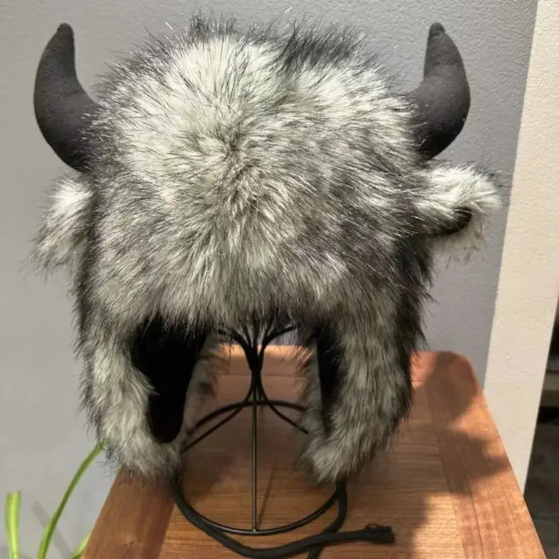 

High Quality Unisex Bullhead Plush Hat With Horns Fluffy Bison Hat Windproof Thick Funny Hat