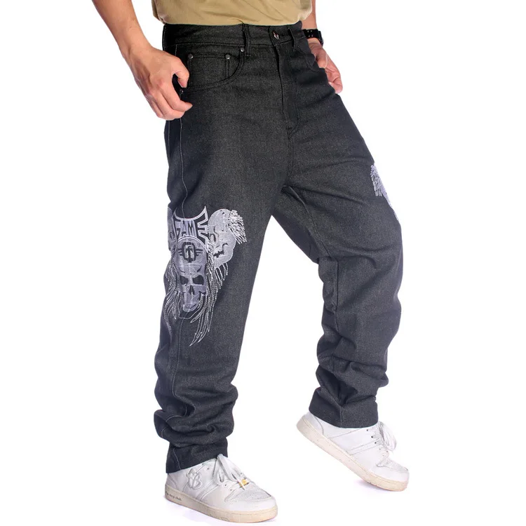 Hip Hop HIPHOP Hip Hop Jeans Trendy Men's Embroidered Skull Straight Loose Casual Skateboard Pants Plus Size