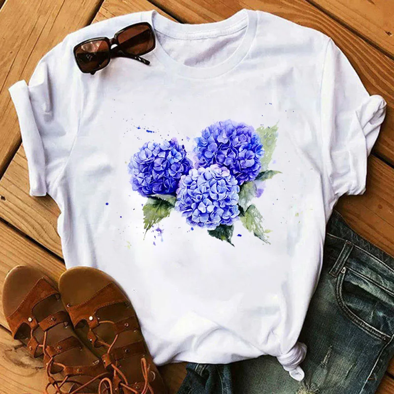 Hydrangea and Butterfly Printed T Shirt Koszulki Camisetas Mujer Woman Clothes Lovely Pair T-shirts Trending Tops Women Blusa