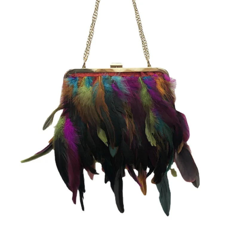 Women's ostrich feather bag, colorful feather bag, multi-color chain fashion wallet, handmade crossbody bag