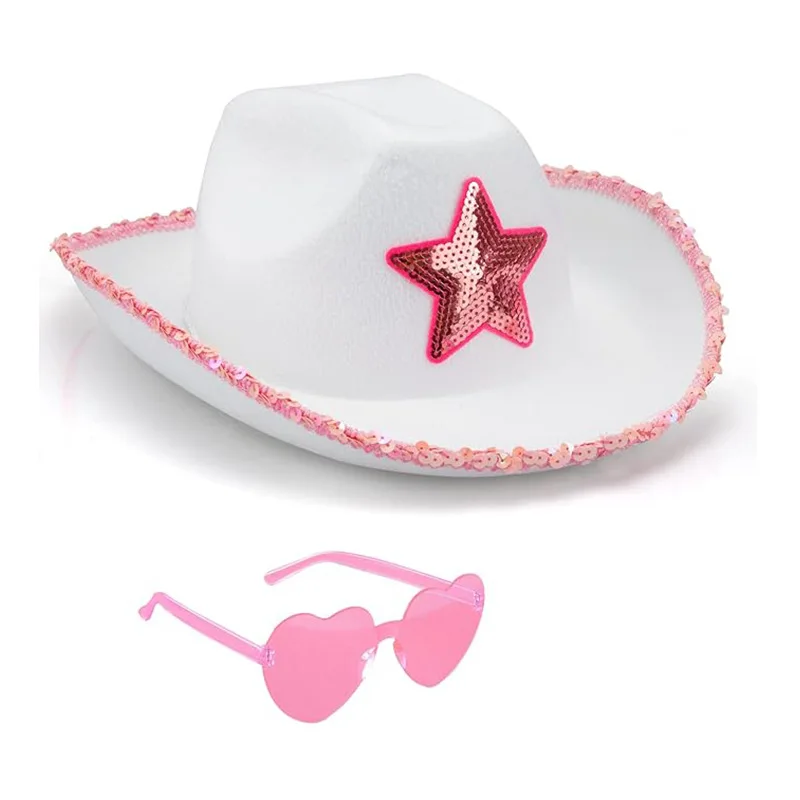 Novo criativo meninas bonito chapéu de cowboy rosa com óculos de coração pêssego conjunto de duas peças chapéu engraçado festa de férias vestir-se adereços presentes