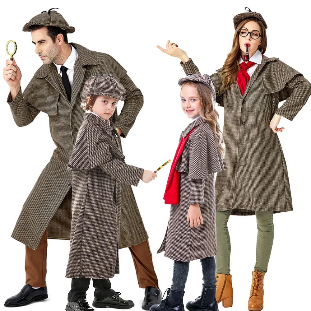 Jongen Meisje Britse Stijl Geblokte Hoge Kraag Jas Grote Detective Cosplay Uniform Voor Mannen En Vrouwen Halloween Outfit Game Kostuum