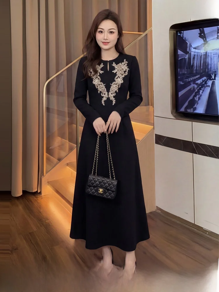 

Элегантная черная длинная юбка А-силуэта с вышивкой, больших размеров, женская, модная, весна 2026, с высокой талией, на молнии сзади