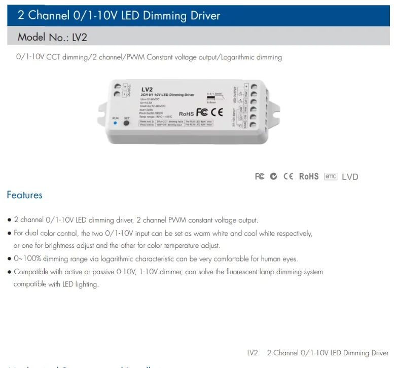Skydance LV2 5A*2CH 0/1-10V CV Dimming Driver CCT Dimmer PWM Constant Voltage DC12V-36V Dual Color Temperature LED Strip Dimmer