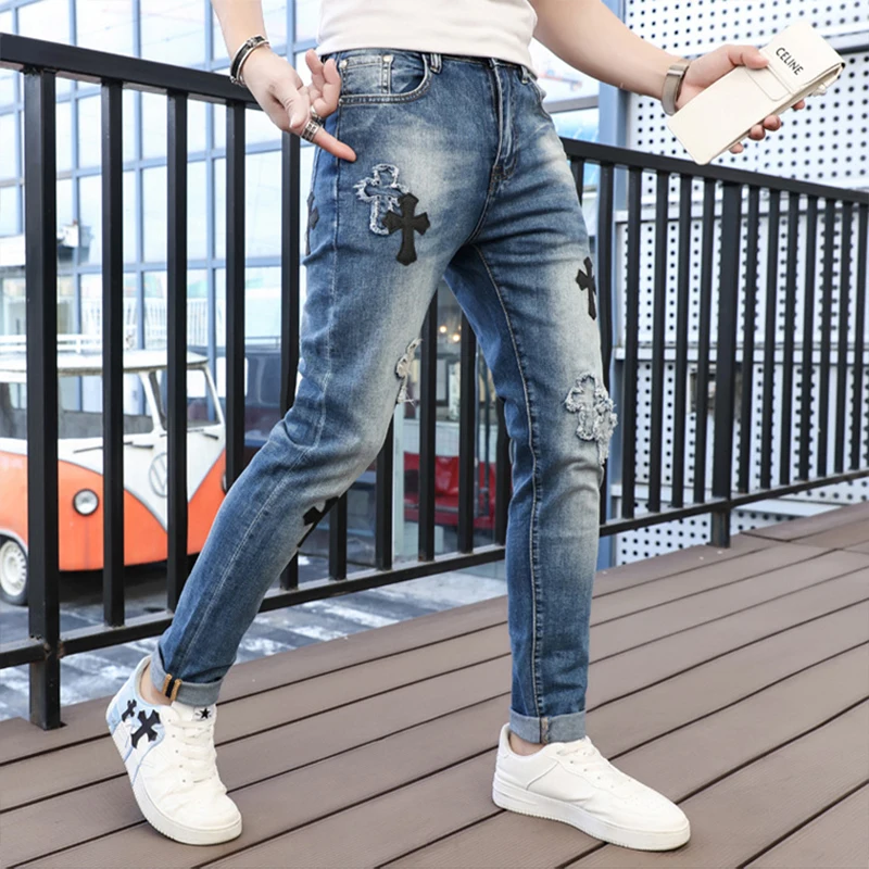 Jeans Streetwear Distressed Jeans Cross Design Veelzijdig Slim Fit Kleine Voet Lange Broek Lente Zomer Modemerk Broek