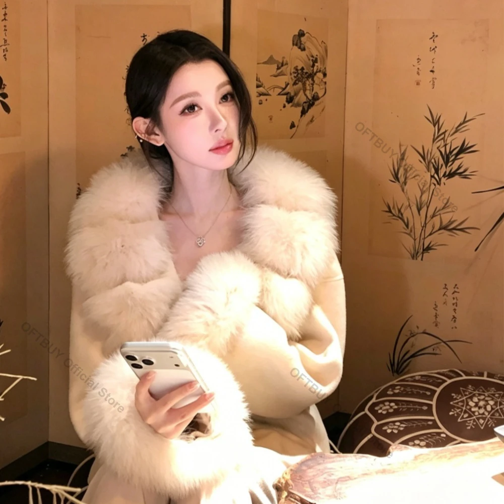 OFTBUY Woolen Belt Pocket Winter Jacket Natural Real Fox Fur Blends Wool Coat Loose Outerwear Casual Outerwear Streetwear Women