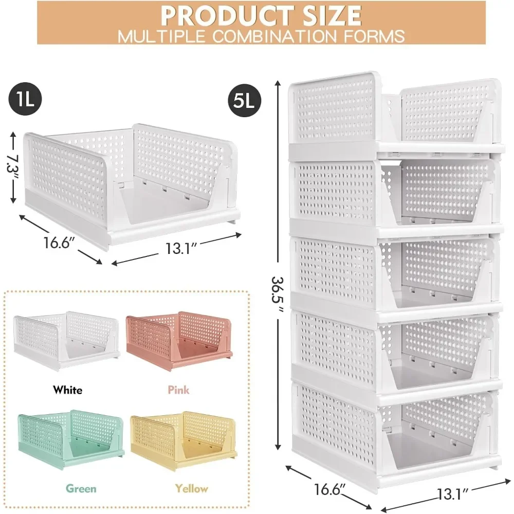 5 Pack Folding Closet Organizers Storage Box, Stackable Plastic Storage Basket, Closet Organizers and Storage Drawer Shelf Stora