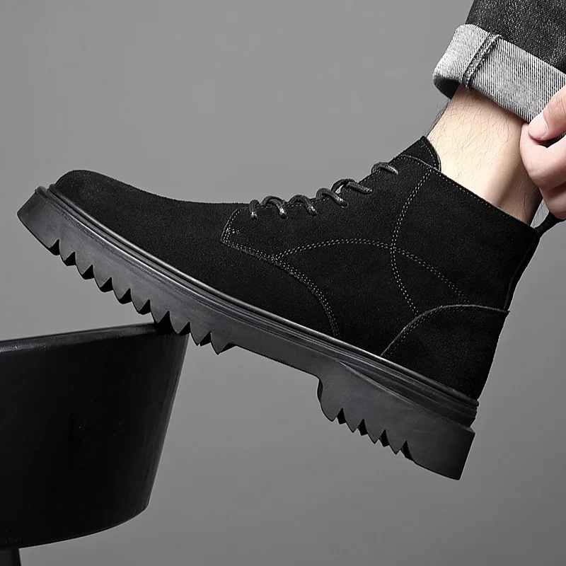 

British style men's casual cow suede leather boots lace-up platform shoes cowboy autumn winter boot black trendy ankle botas man
