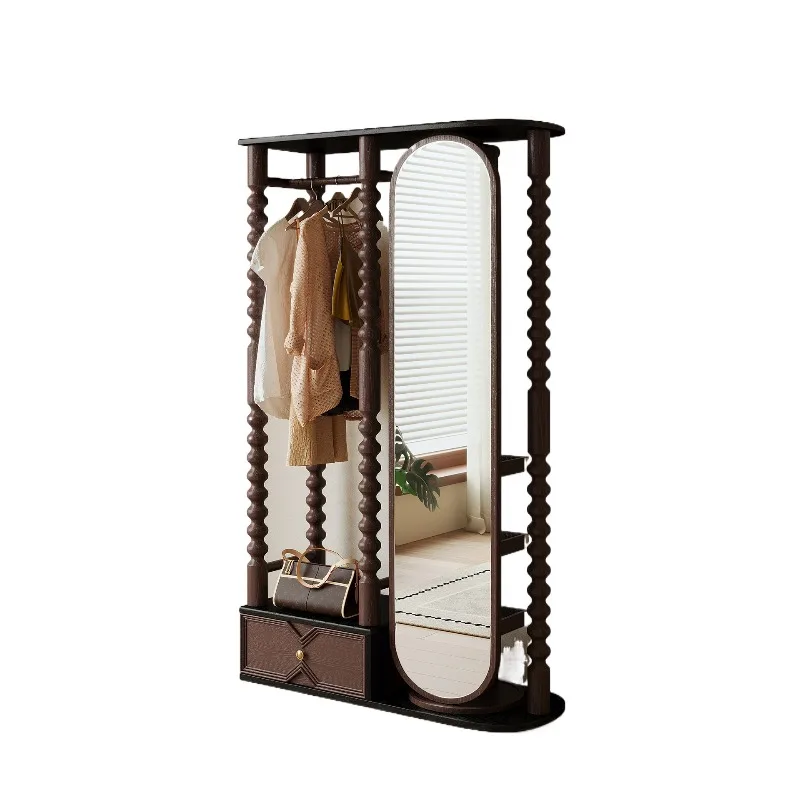 

French retro solid wood full-length mirror coat rack integrated rotatable clothes storage rack storage
