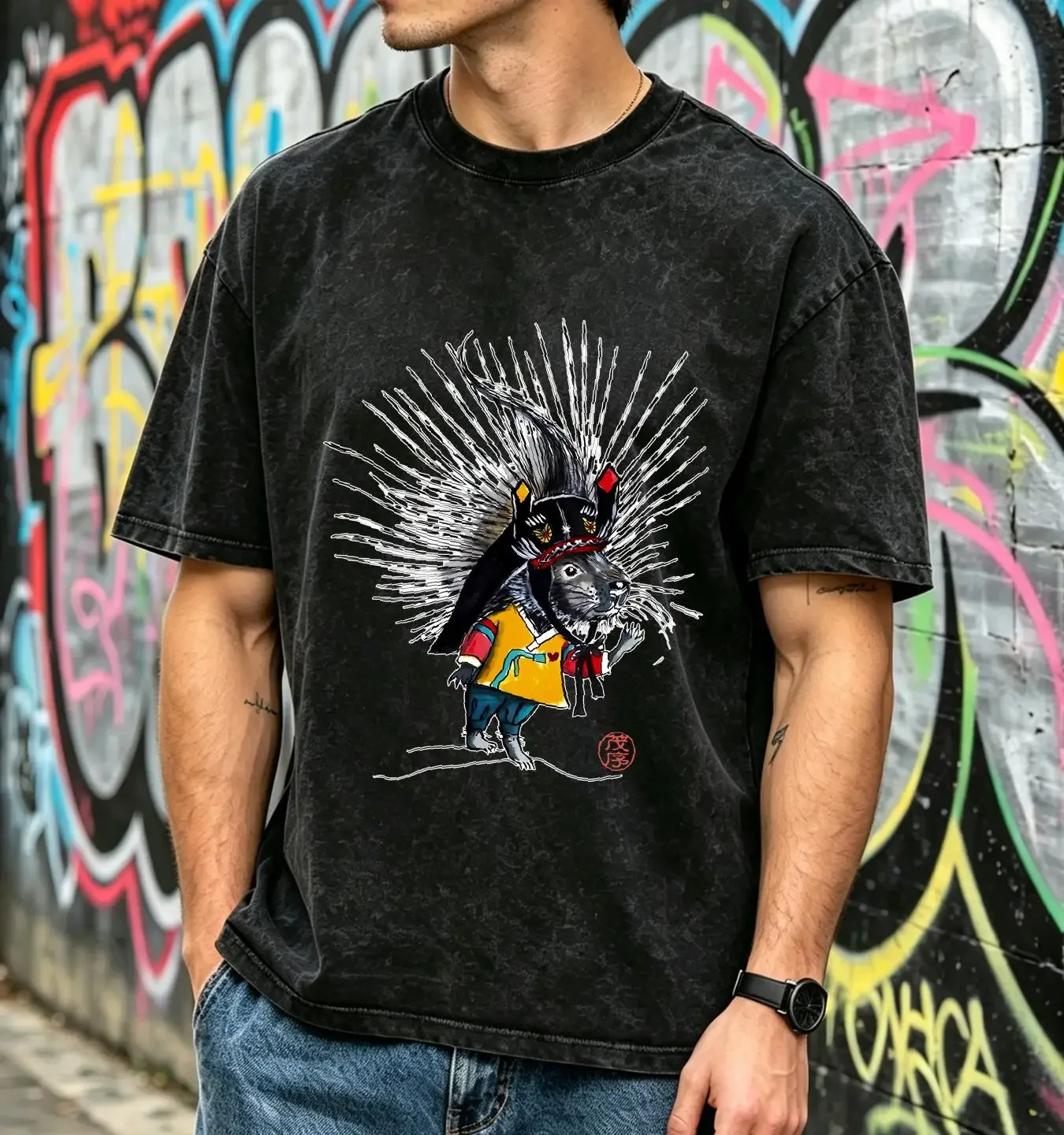washed T Shirt Porcupine soft cotton prickly hanbok dress cute animal whimsical apparel original art graphic design fun