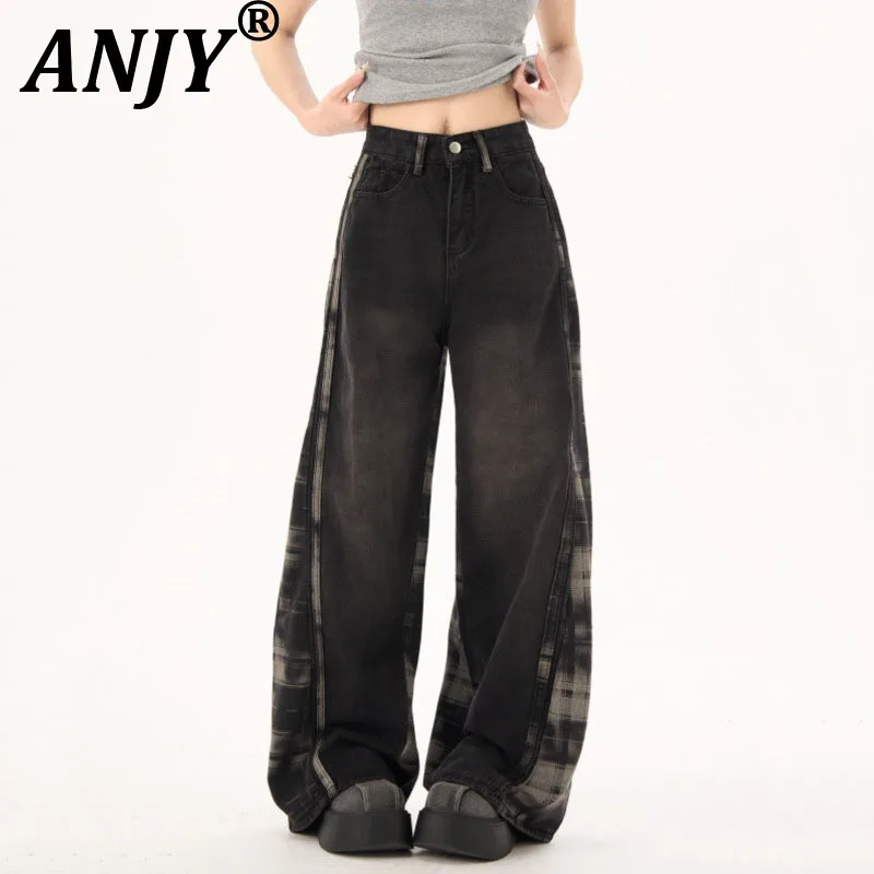 

ANJY Autumn New Woman Ins Trendy Jeans Patchwork Plaid Denim Pockets Draped Vintage High Street Y2K Stylish Wide Leg Pants A8710