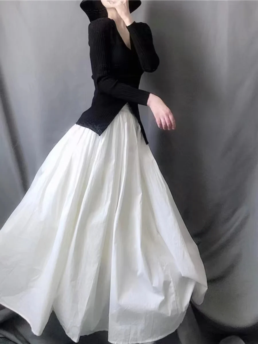 Jupe trapèze taille haute pour femmes, jupe Maxi d'été élastique à ourlet large, Bla blanc mat, Design de trajet