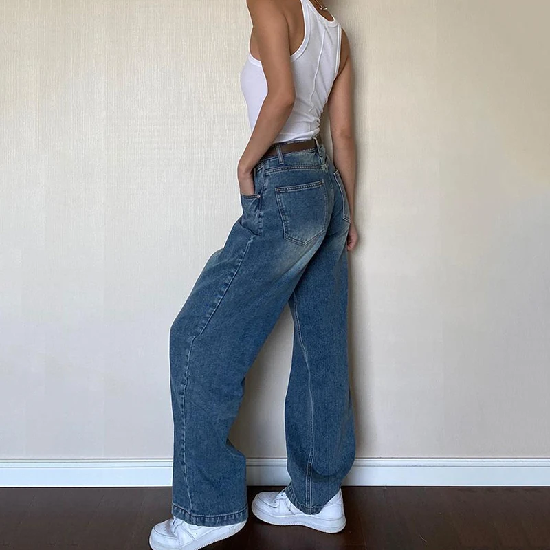 Rimocy 2024 Dark Blue Baggy Jeans Women Grunge Y2K High Waist Wide Leg Denim Trousers Woman Fashion Boyfriend Mom Pants Female