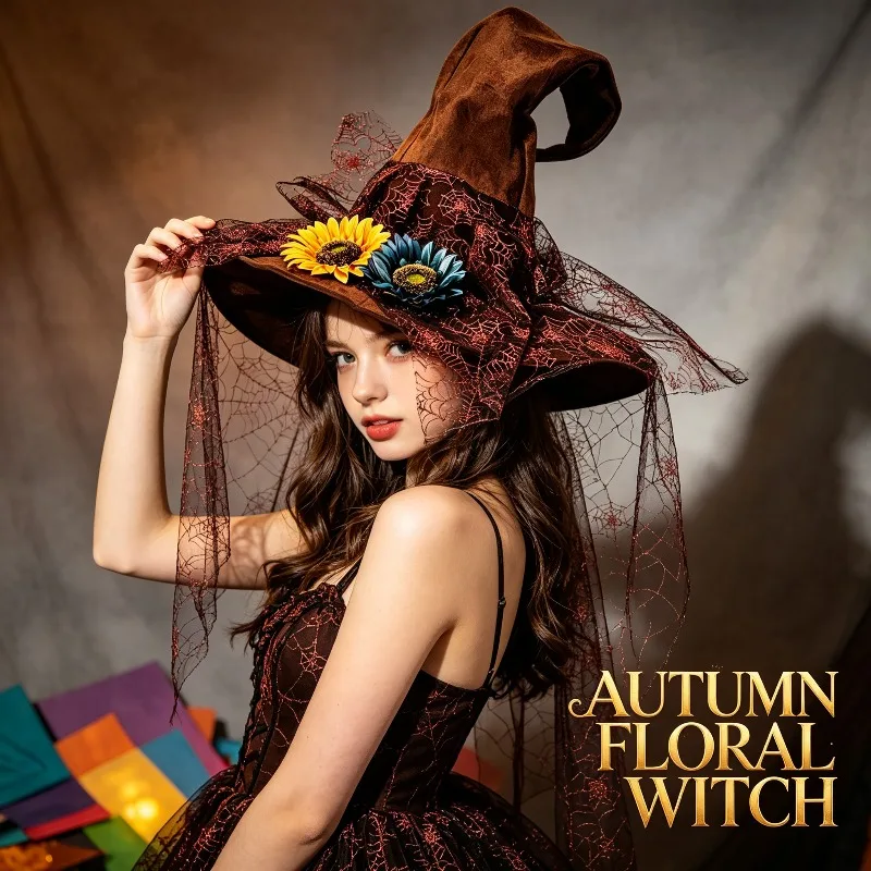 Witch Hat Retro Forest Silk Rose Decoration Spider Web Details Halloween Role-playing Party Dress Up Multifunctional Props