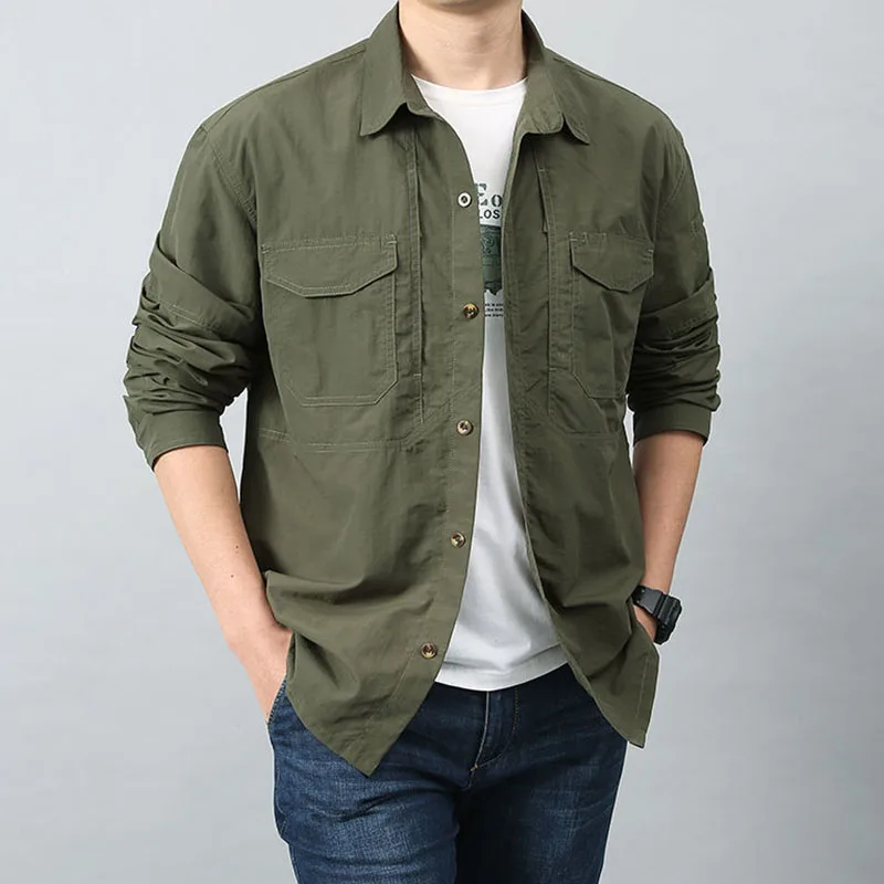 Autumn New Mens Long Sleeve Shirts Outdoor Work Travel Button Shirt Woman Multiple Pockets Lightweight Quick Drying Cargo Shirts