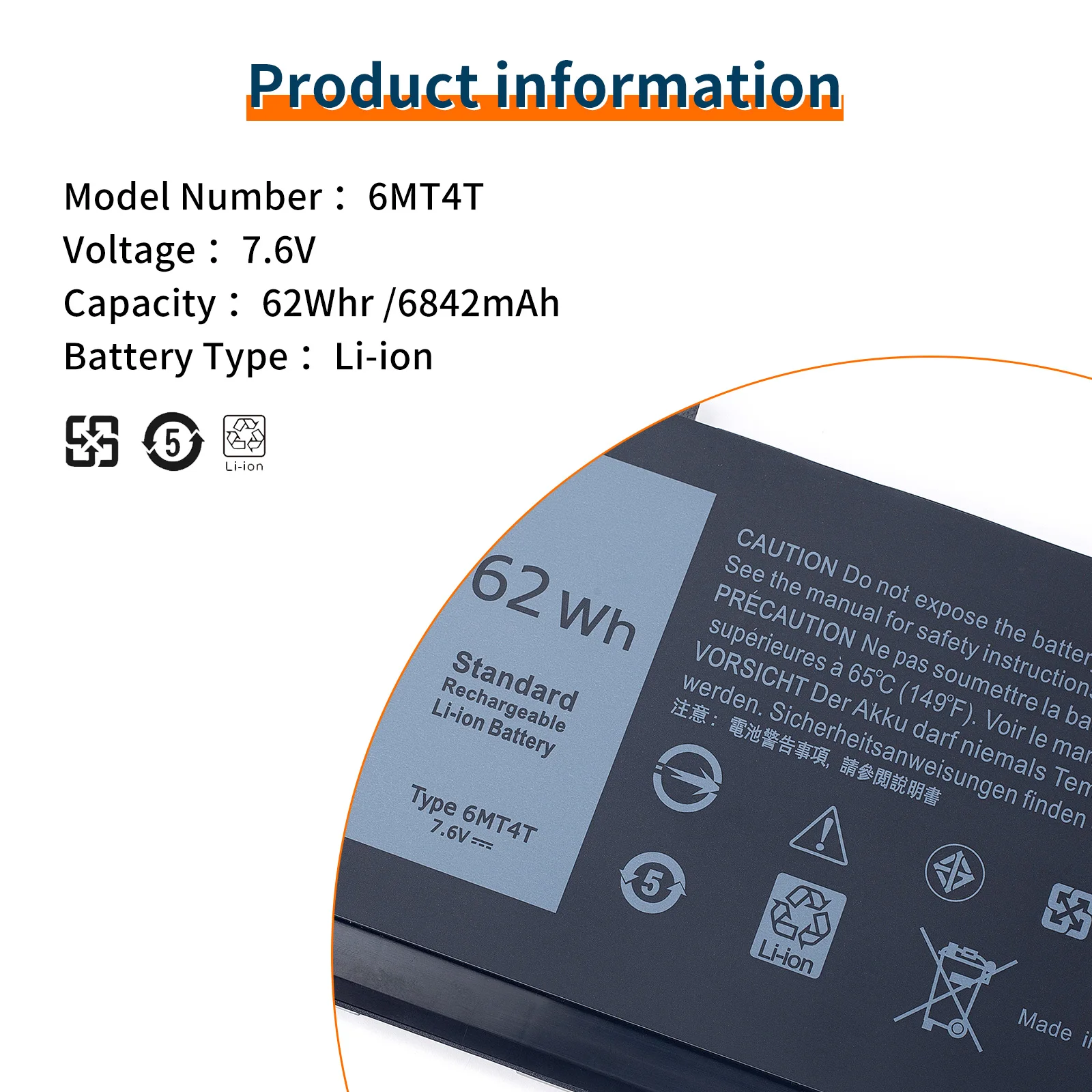 Batterie pour ordinateur portable Dell Latitude E5570 E5470, 6MT4T, 4 cellules, WHR Lithium ION, numéro de pièce 7V69Y 79VRK G5M10, 7.6V