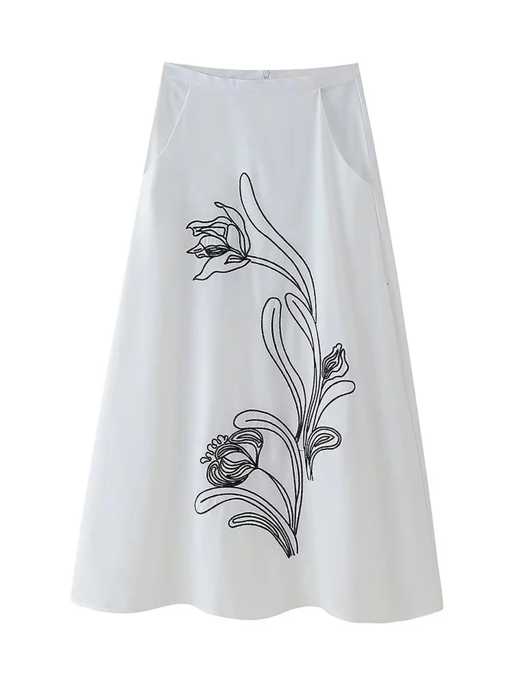 Ladies Fashion Black Flower Embroidery Summer A-Line Long Skirt Female Casual Back Zipper Linen Blend 2024 New White Skirt Femme