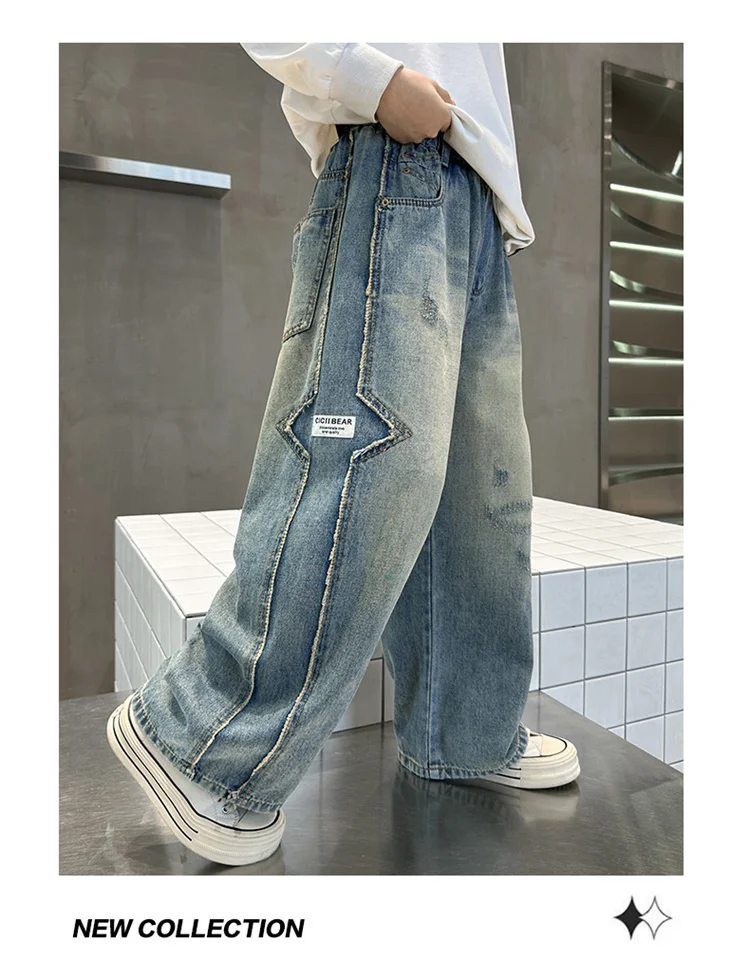Frühlings- und Herbst-Jeans für Kinder und Jugendliche, Stylische Lose Gerade Hosen für Jungen im Europäisch-Amerikanischen Stil, Hochgeschnittene Baumwoll-Denim-Hosen – Detail 7