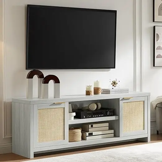 

Hampstead Tv Stand For Living Room, Modern Entertainment Center Design, For 65 Inch Tv With Two Rattan Doors