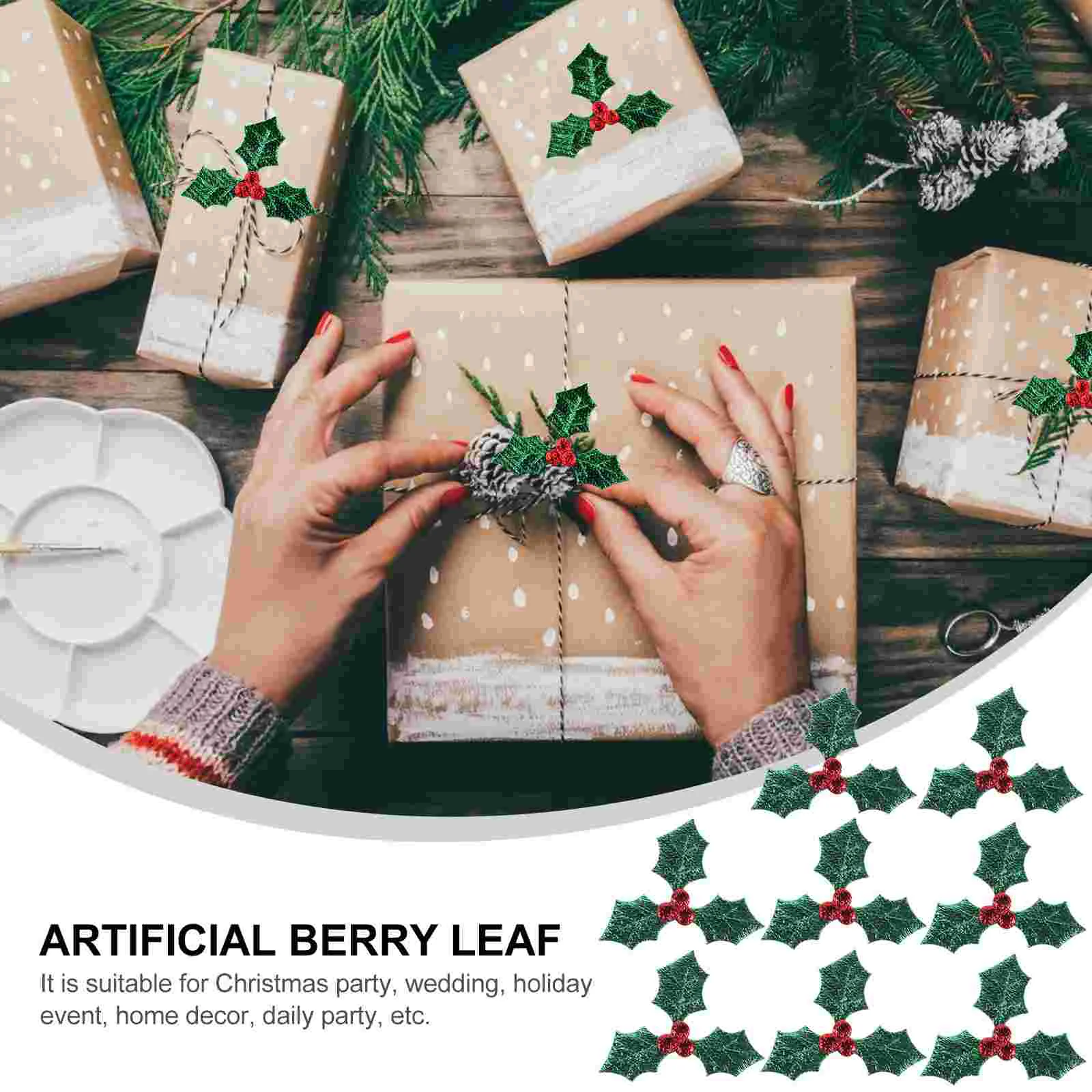 100 ชิ้นริบบิ้นสีเขียวคริสต์มาส Berry Leaf อุปกรณ์เสริมเลื่อมประดิษฐ์ Greenery สําหรับเครื่องแต่งกาย
