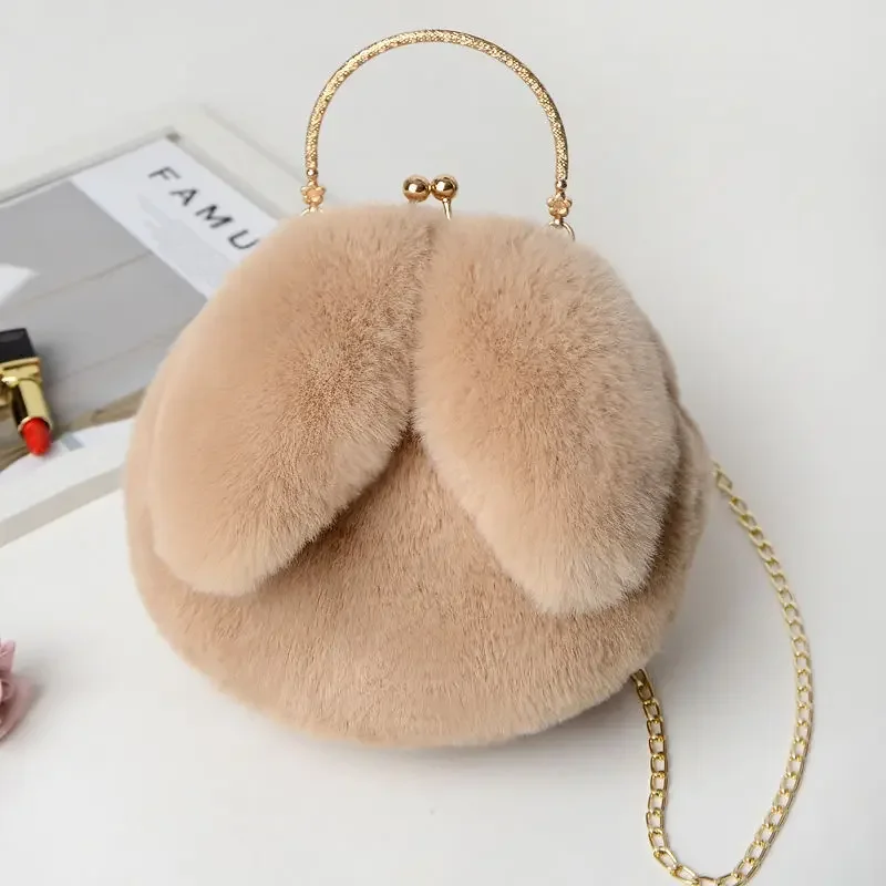 Fashion Soft Cute Rabbit Ears Shaped Bag Female Chain Messenger Bag Plush Shoulder Crossbody Wallet for Women Valentine Day Gift