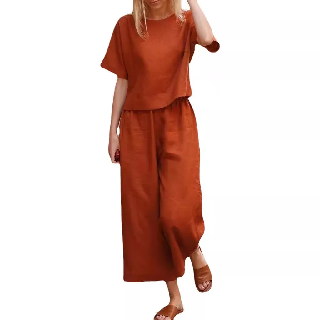 2024 New Top Pants Casual Set Loose Solid Color Shirt And Pants Cotton Linen Two Piece Set S-3XL Conjuntos De Verano Para Mujer