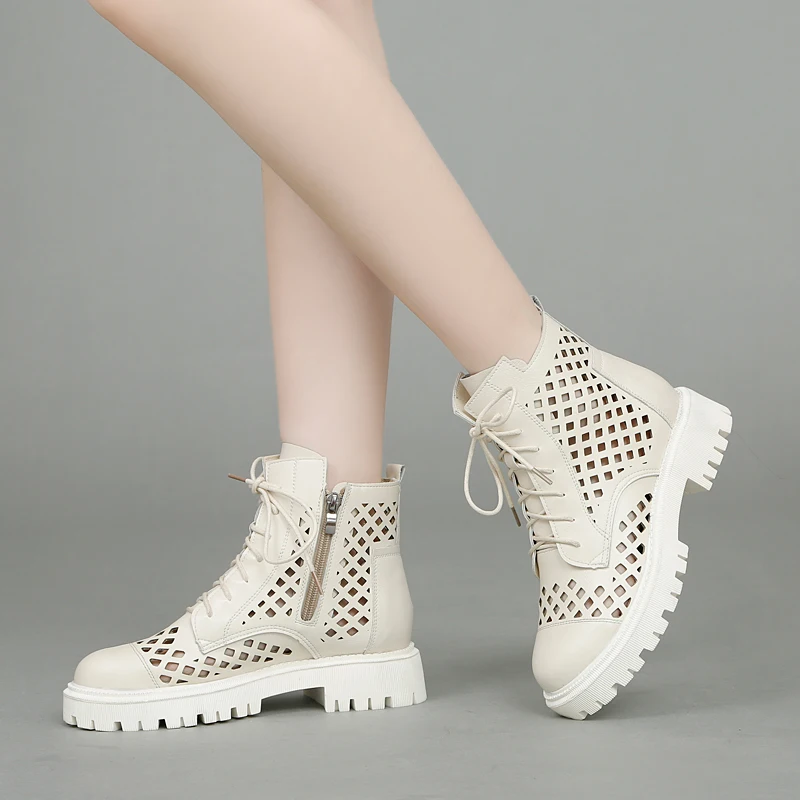 أحذية مارتن نسائية صيفية قصيرة ذات قاعدة مسطحة ومجوفة وقابلة للتنفس، مصنوعة من الجلد الطبيعي بأسلوب بريطاني من جلد البقر