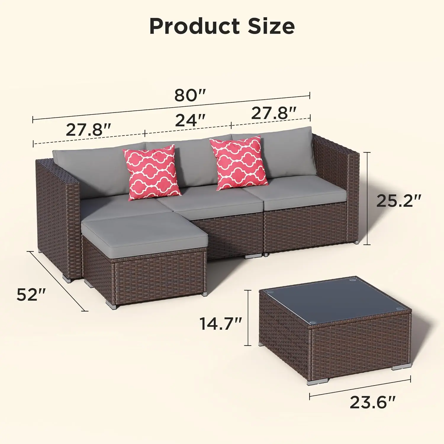 Grey 5 Pieces All-Weather Outdoor Wicker Sectional Patio Furniture Set with Cushion and Glass Table