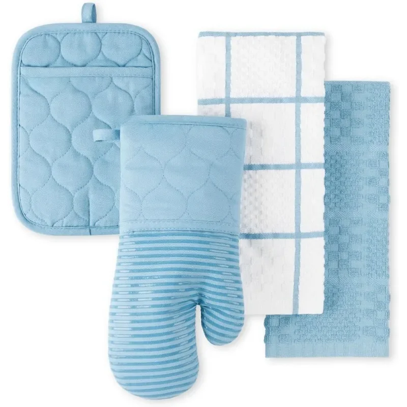 

Quilted Cotton Terry Cloth Oven Mitt, Pot Holder Heat Resistant, 16"x26", 7"x13" & 7"x10", Blue Velvet