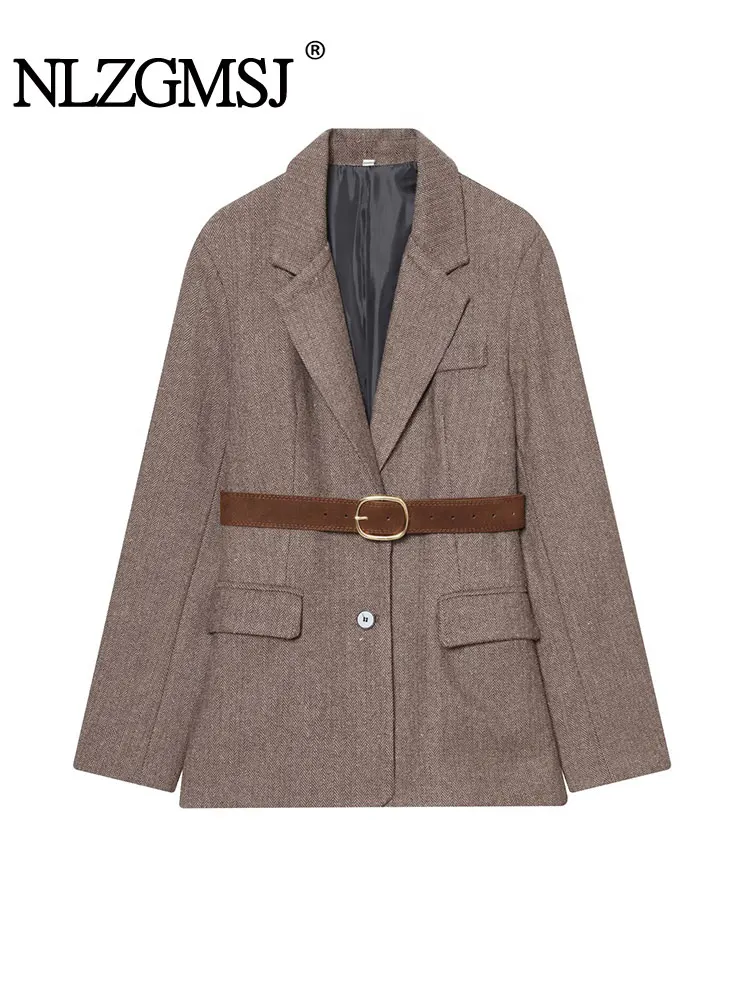 Nlzgmsj 2025 Autumn New Vintage Women's Jacket Chic Fashion Belt Single-Breasted Blazers Casual Coat Female Outerwear Y2k