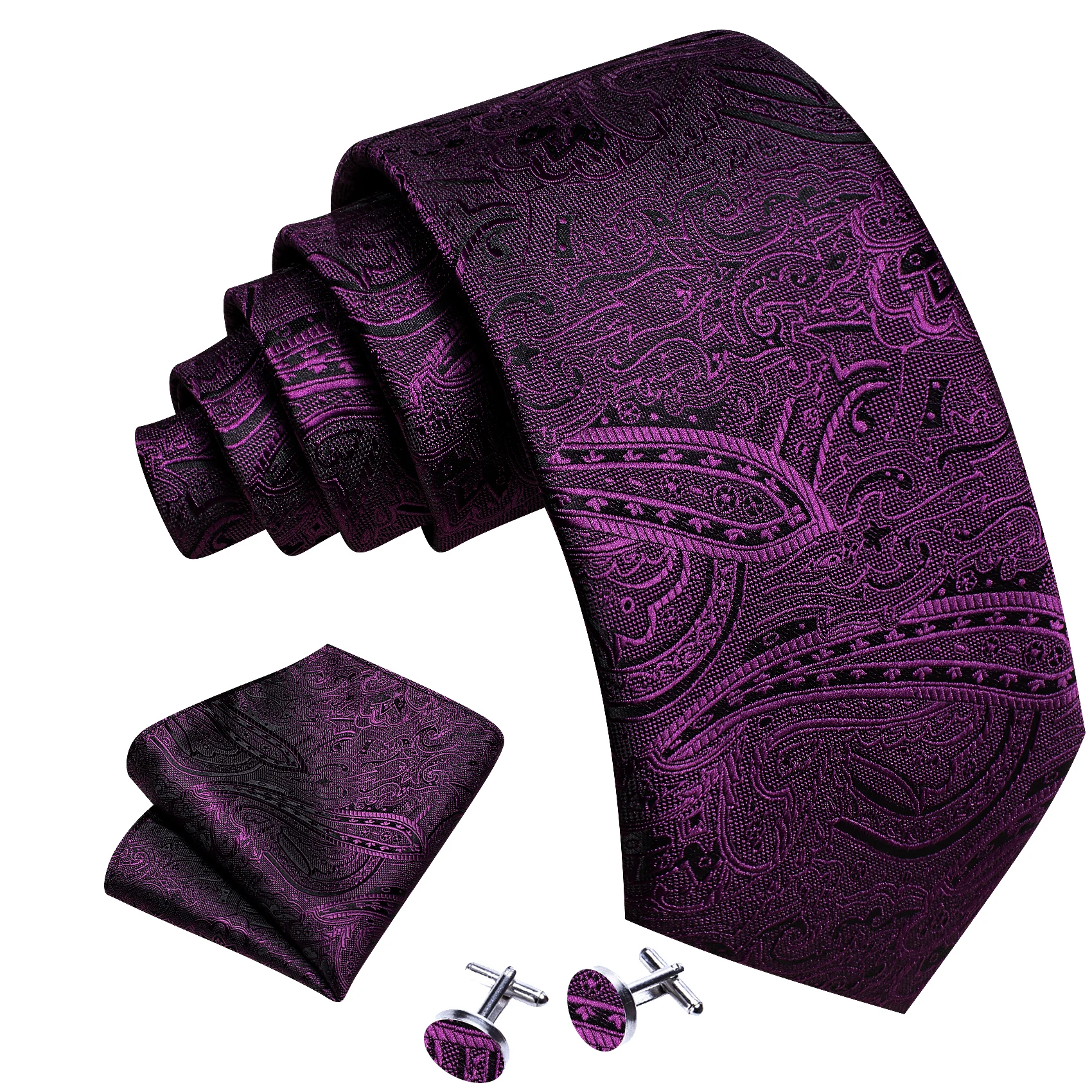 Barry.Wang Purple Wine Grape Silk Men Tie Handkerchief Cufflink Set Jacquard Paisley Floral Necktie Male Wedding Business Party