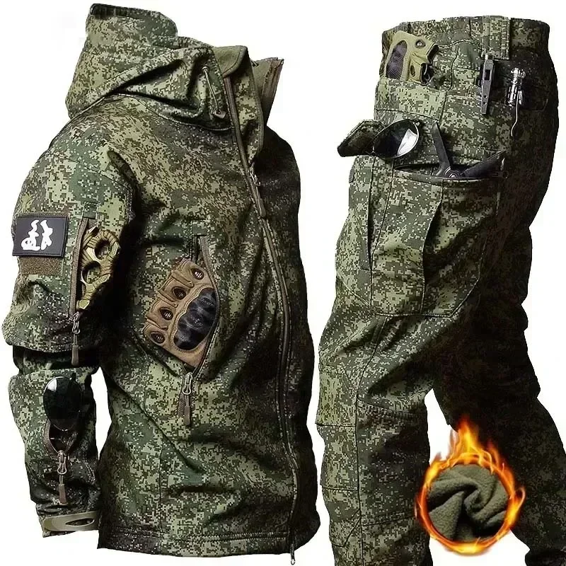 Tactical Waterproof Men Camo Set Soft Shell Fleece Winter Combat Suit Windbreak Warm Multi Pocket Outdoors Training Uniform