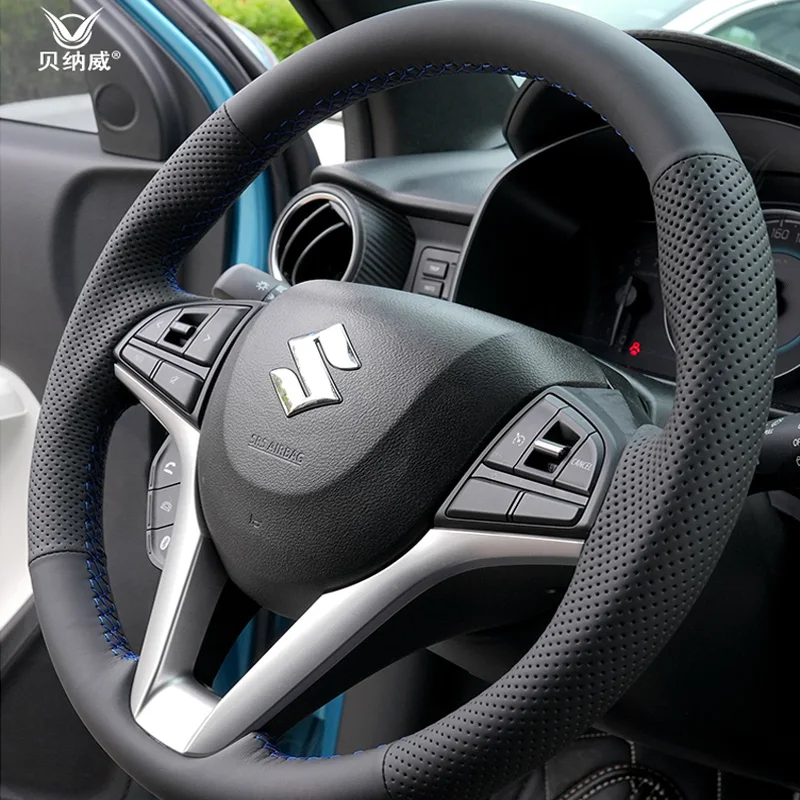 Hand-Stitch Steering Wheel Cover for Suzuki Ignis 2019-2023 Non-Slip Microfiber Napa Leather Braid Steering Wheel Cover Wrap