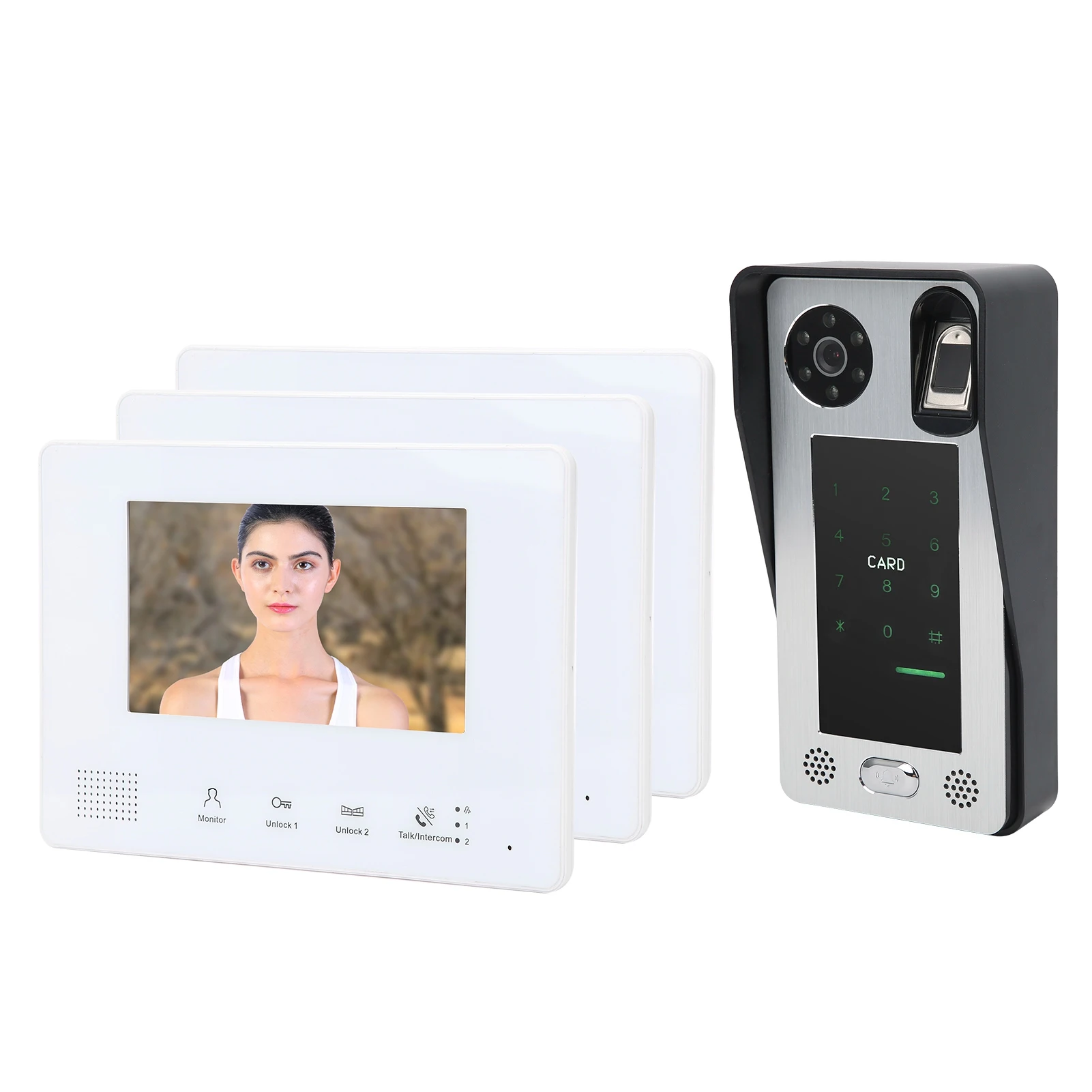 المحمولة 7in TFT LCD الاتصال الداخلي مرئية فيديو التعرف على الوجه جرس الباب 2-السلكية نظام للرؤية الليلية لبطاقة بصمة كلمة المرور