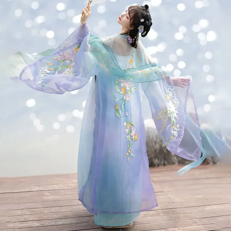 

New Chinese Tang Heavy Industry embroidery big sleeve shirt retro dance cosplay fairy sweet cute female traditional Hanfu set