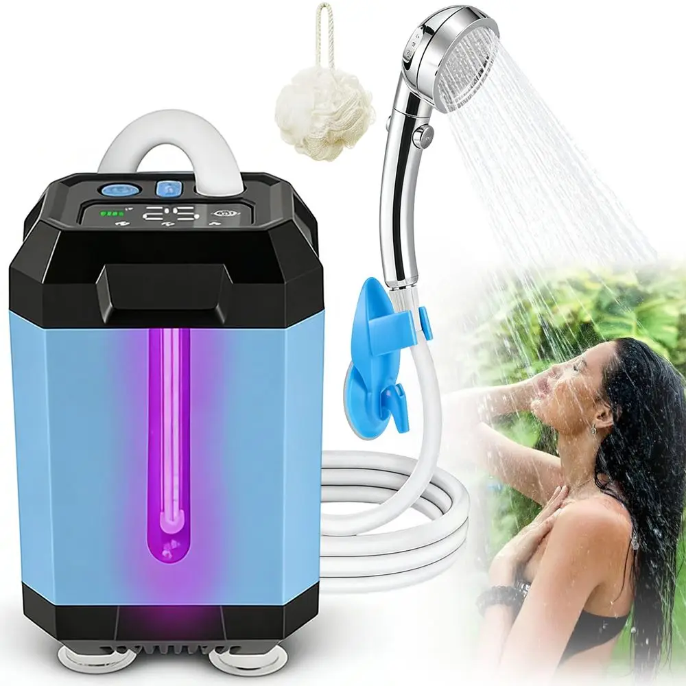 Douche de camping portable, douche extérieure améliorée avec pompe à batterie rechargeable 5400mAh, étanche pour le camping, la randonnée, le lavage de voiture, le bain des animaux