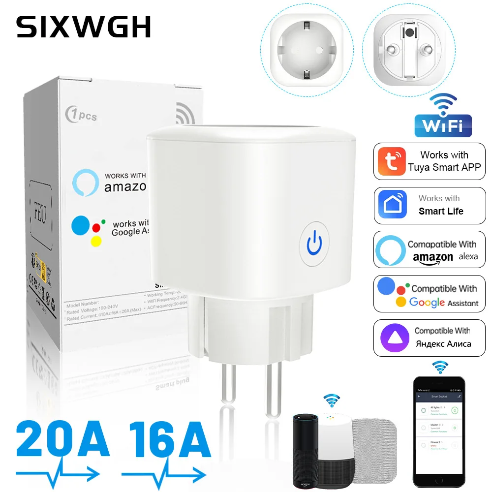 

SIXWGH Tuya WiFii Smart Socket Metering European Standard Alexa Voice APP Remote Time Switch European Standard Plug